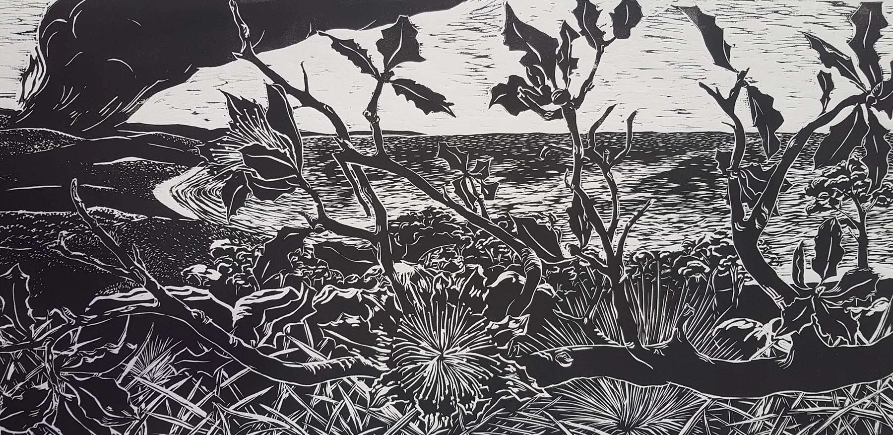 Block print of banksia overlooking a coastline of the ocean.