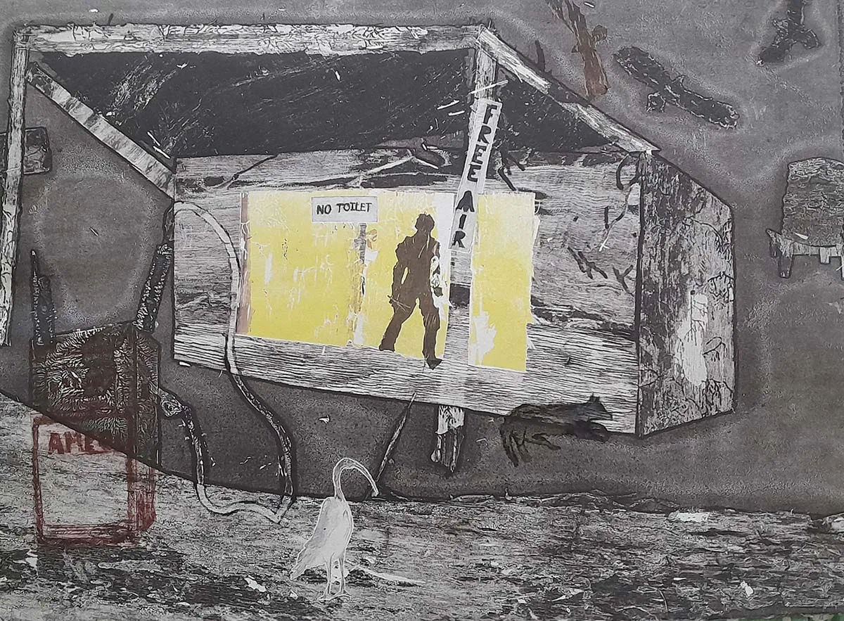 Artistic depiction of a rustic shelter with signs.