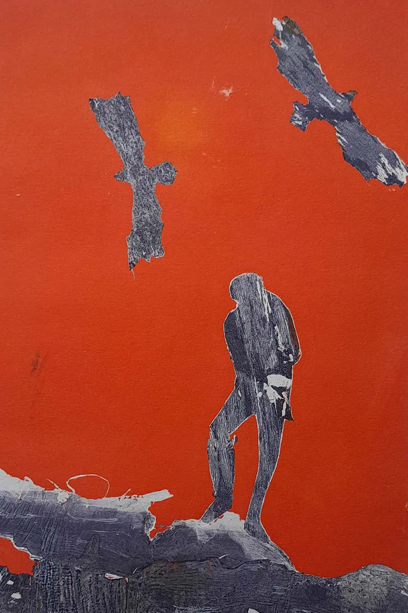 Silhouette of man and birds on orange background