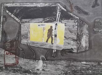 Artistic depiction of a rustic shelter with signs.