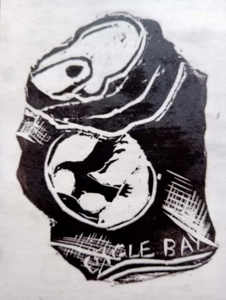 Black and white eagle linocut, Eagle Bay text.