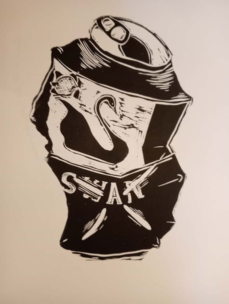 Stylised black swan on crushed can illustration.