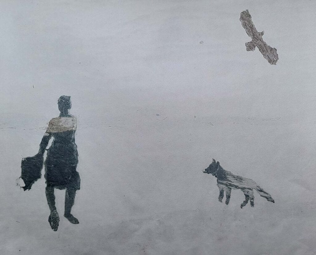 Silhouette of person and dog under bird in sky.