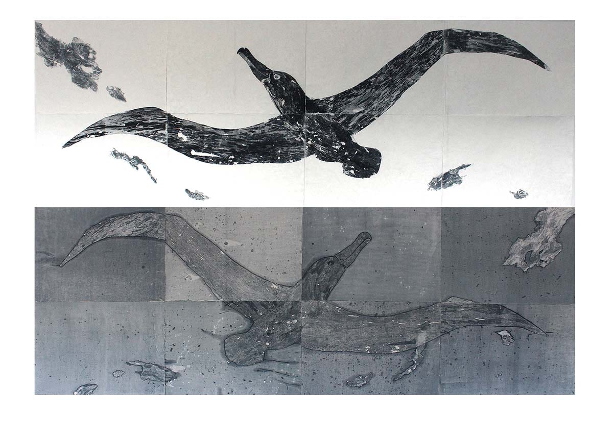 Acension by Eleanor Davies Abstract bird drawing in two contrasting colours