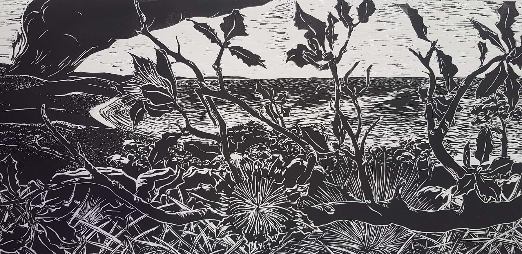 Hakea-Eleanor-Davies-opt Block print of banksia overlooking a coastline of the ocean.