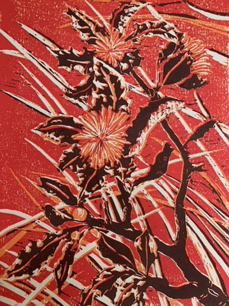 Abstract art of flowers with red background.