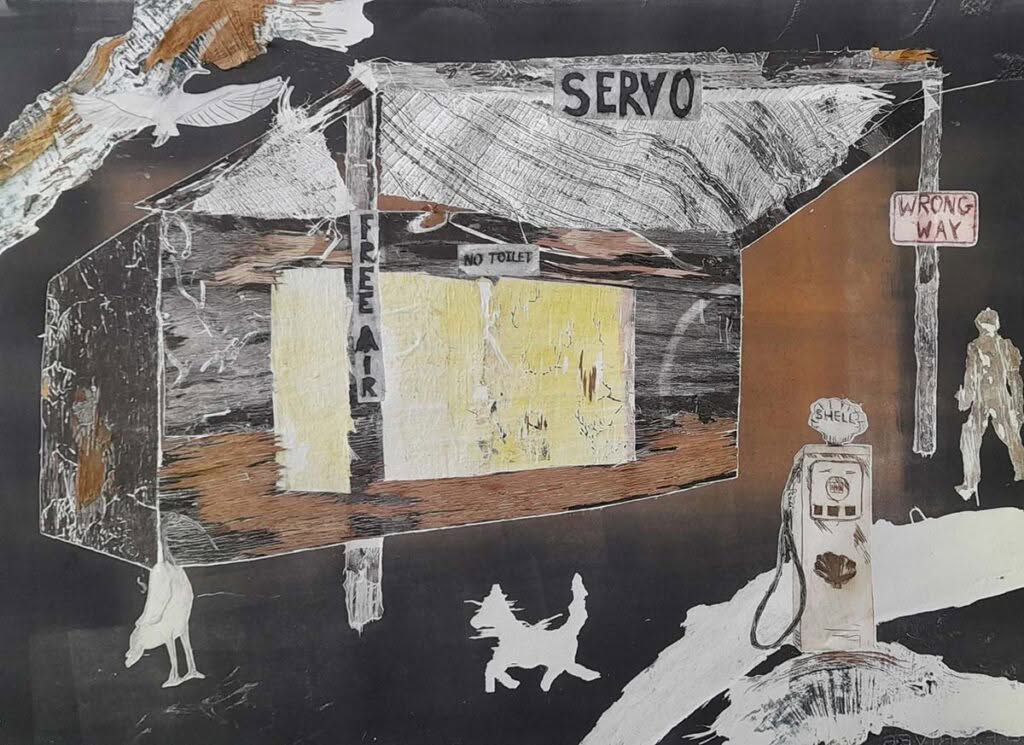 Abstract servo with petrol pump, signs, and animals.