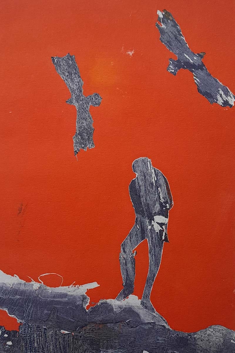 Walking-with-Eagles-2024-monoprint Silhouette of man and birds on orange background