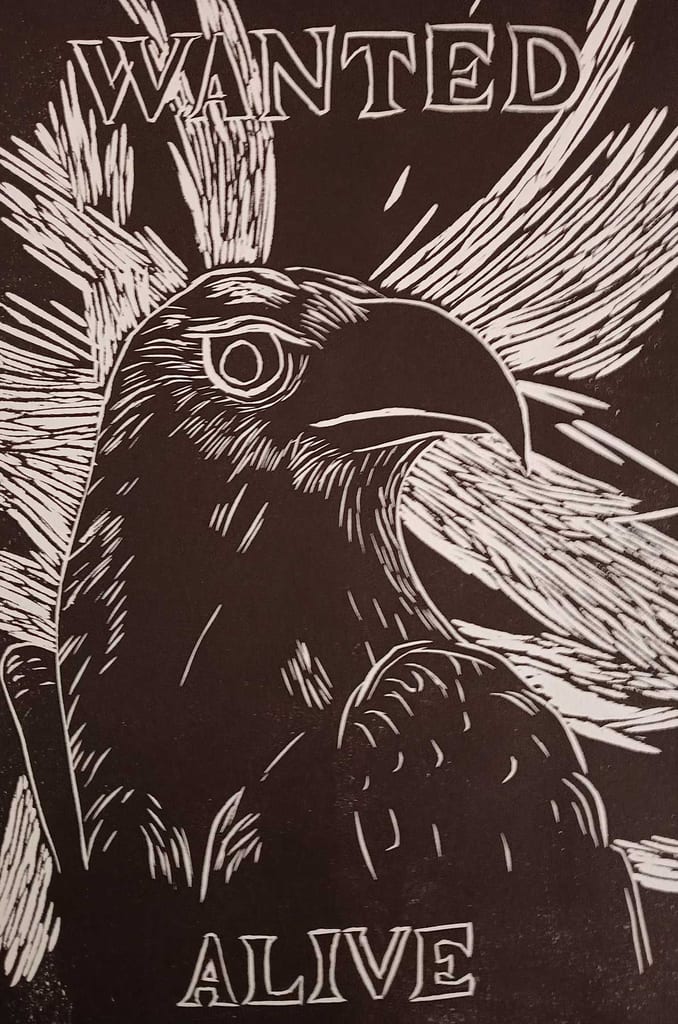 Illustration of bird with 'Wanted Alive' text.
